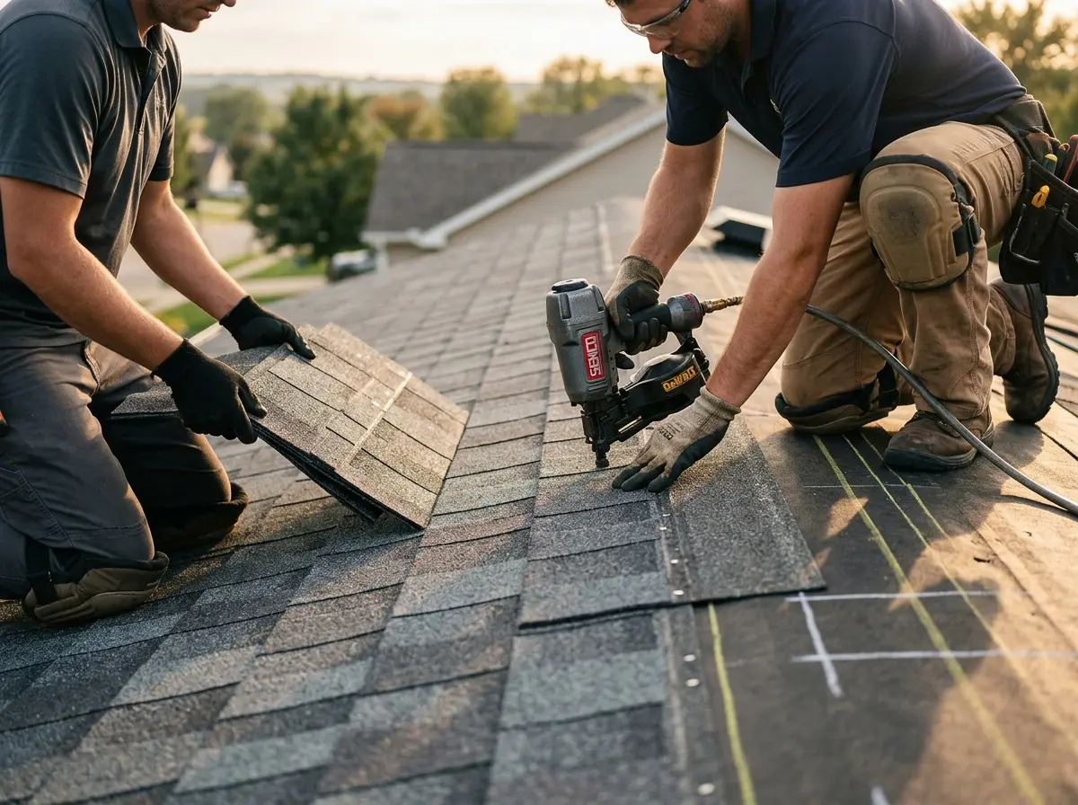 Professional roofer working on a residential roof in Eucalyptus Hills